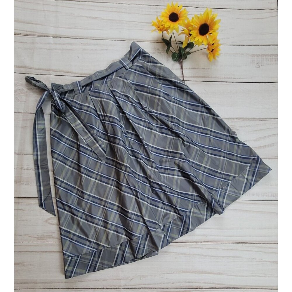 Lafayette 148 Women's Skirt Plaid Petite Wool Silk Blue Gray Size 12